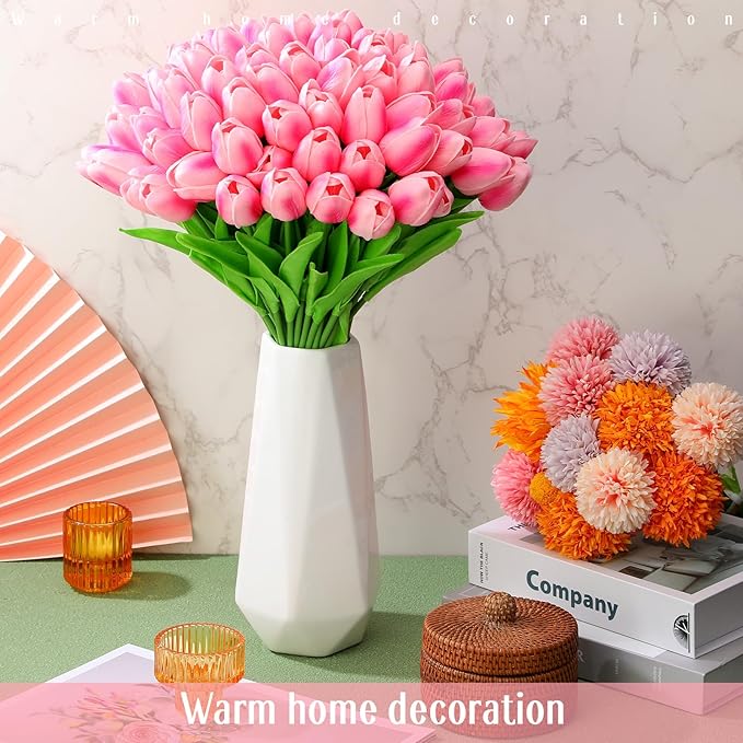 Jexine 100 Pcs Artificial Real Touch Tulips Fake Artificial Tulip Flower Bulk Bouquet with Stem for Table Centerpieces Wedding Bridal Easter Mother's Day Garden Home Decor, 13.4''(Purple Rose)