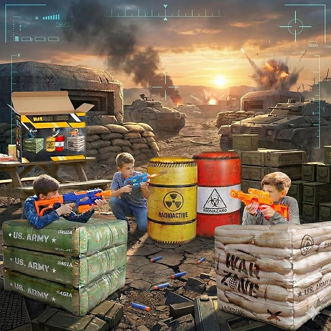 Package 8 Combat Battlefield Inflatables, Compatible Laser tag, Water Gun for Boys Birthday Party Activities and Decoration. Premiume Pack Include Water chember and Repair kit.