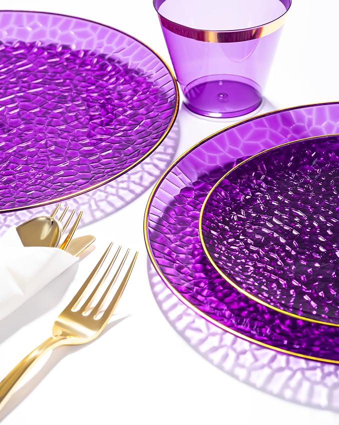 Hioasis 175pcs Purple Gold Plastic Plates - Purple Gold Dinnerware Set Includes 25 Dinner Plate, 25 Dessert Plate, 25 Cups, 25 Napkins Perfect for Wedding & Party