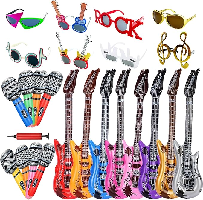 Large Rock Star Funny Sunglasses Set, Rock and Roll Party Funny Music Sunglasses, Inflatable Guitar Microphone for 70s, 80s, 90s, Music Party, Photo Booth Props for Carnival Rock and Roll Party