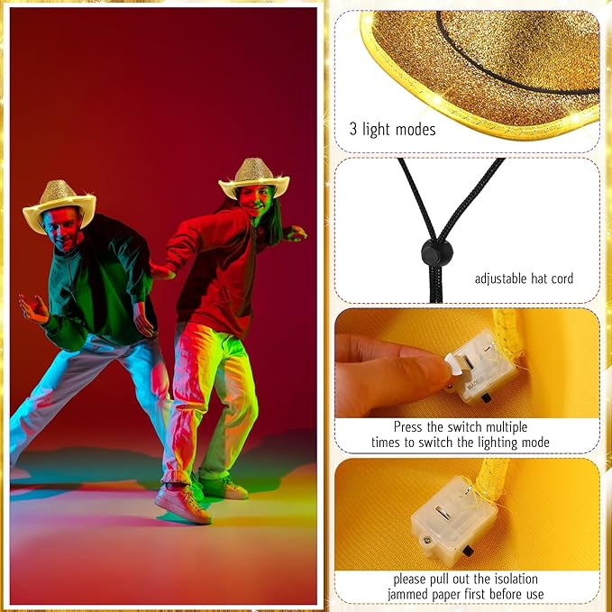 Kigeli 10 Pcs Lights LED Cowboy Cowgirl Hat LED Flashing Hat Cowgirl Hat for Western Cowboy Role Play(Silver,Sequin)