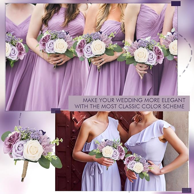 Artificial Bridesmaid Bouquets 4Pcs -7 Inch Bridesmaid Bouquets Fake Floral Silk Rose Handmade for Wedding Holding Flowers, Bridal Shower,Engagement Wedding Ceremony Anniversary - Lilac