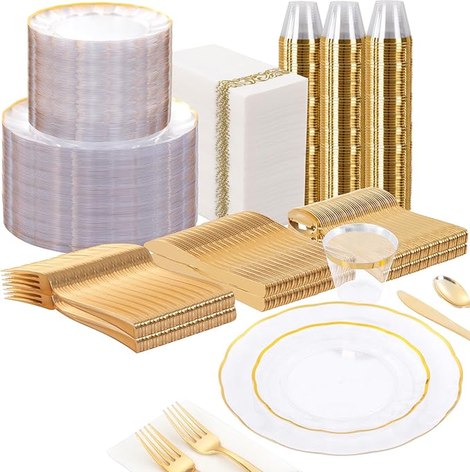 LIYH 700 Pcs Gold Plastic Dinnerware Set for 100 Guests, Disposable Plastic Wavy Clear Plates for Wedding Include 100 Dinner & Dessert Plates, 100 Napkins, 100 Cups, 100 Cutlery for Party Birthday