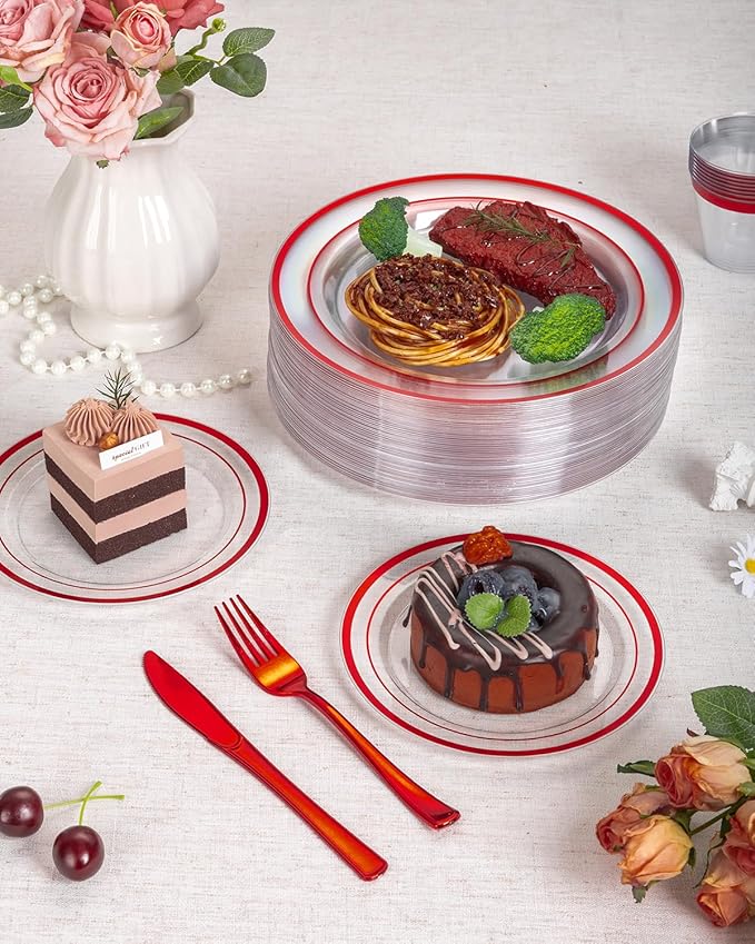Goodluck 175 Piece Red Plastic Plates, Clear Plastic Silverware Disposable Plates Set, Include 50Plates, 25Pack Pre Rolled Napkins with Silverware, 25Cups for Party, Christmas, Graduation, Wedding