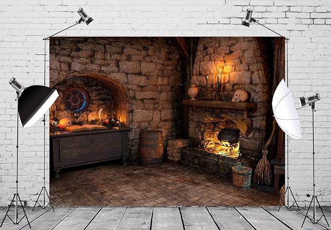 BELECO 10x8ft Fabric Spooky Witch Cottage Backdrop Halloween Magic Room Witch Kitchen Fireplace Magical Potion Books Candle Skulls Sorcerer Photography Background Witch Party Decorations Photo Props