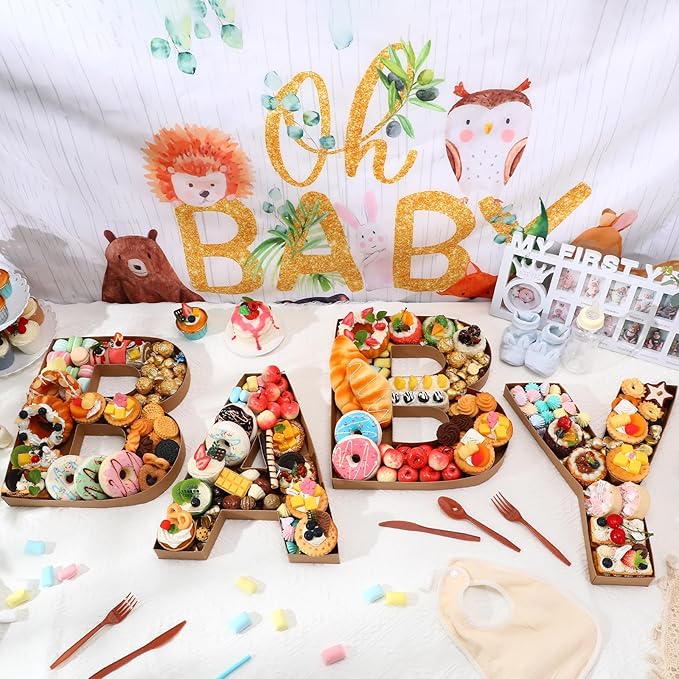 Mifoci 4 Pcs Large Baby Shower Food Trays 13.7" Charcuterie Cardboard Letter Shaped Serving Platter Fillable Boxes for Gender Reveal Baby Shower Party Paper Chocolate Candy Decoration(Brown)