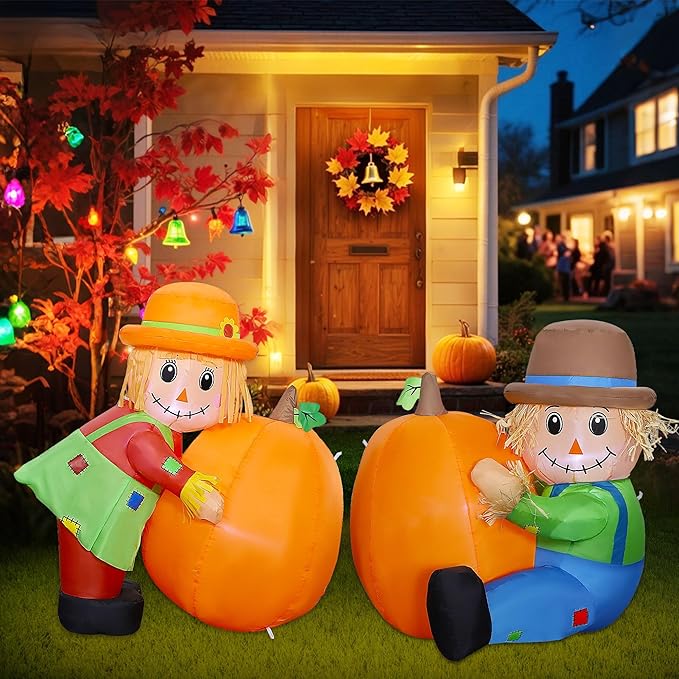 Lulu Home Thanksgiving Inflatable Decoration, Set of 2 Air Blown Scarecrow Couples with Built-in LED Lights for Fall Autumn Harvest Decor (Sitting & Standing Scarecrows)