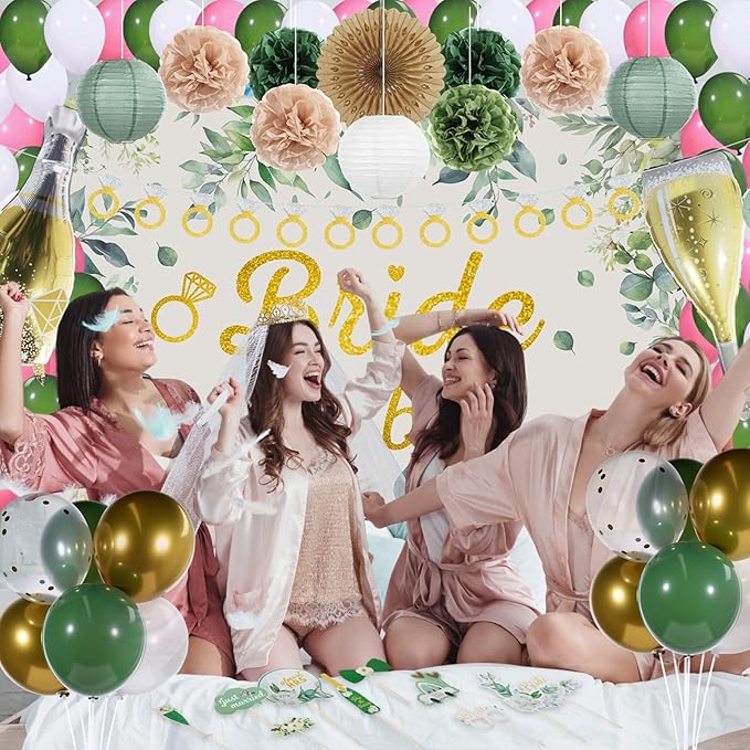 265 Pcs Sage Green Bridal Shower Decorations Eucalyptus Bachelorette Party Decoration Bride to Be Disposable Dinnerware Set with Tablecloth Veil Tablecloth Photo Booth Props, Serve 25 Guest