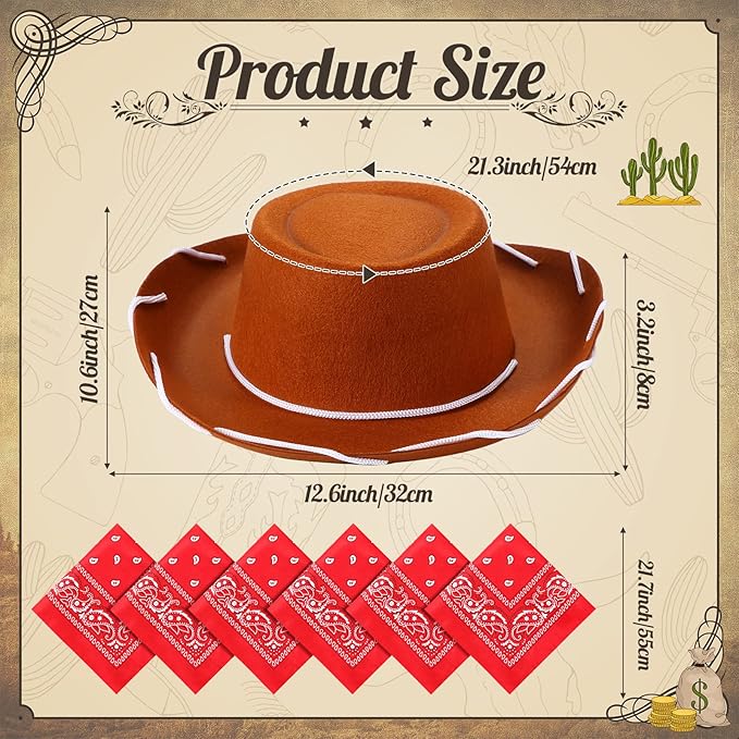 Unittype 18 Sets Cowboy Hats and Bandanas Bulk Kids Western Cowboy Costume Accessories Kids Party Supplies