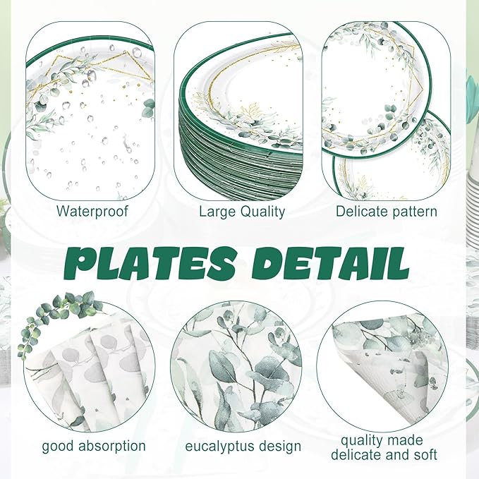 400 Pcs Sage Green Color Party Supplies Serve 50 Guests Eucalyptus Flowers Disposable Paper Plates Napkins and Cups for Bridal Baby Shower Birthday Wedding Party Decorations(Fresh)
