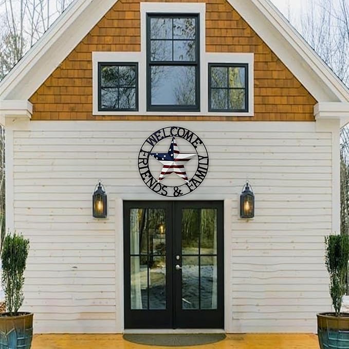 JoyEvy 22" Patriotic Metal Barn Star Welcome Sign Wall Sculptures, American Flag Design Outside Wall Decor,Metal Star for Indoor or Outdoor ,Texas Stars for Western Country Farmhouse Primitive House Decoration