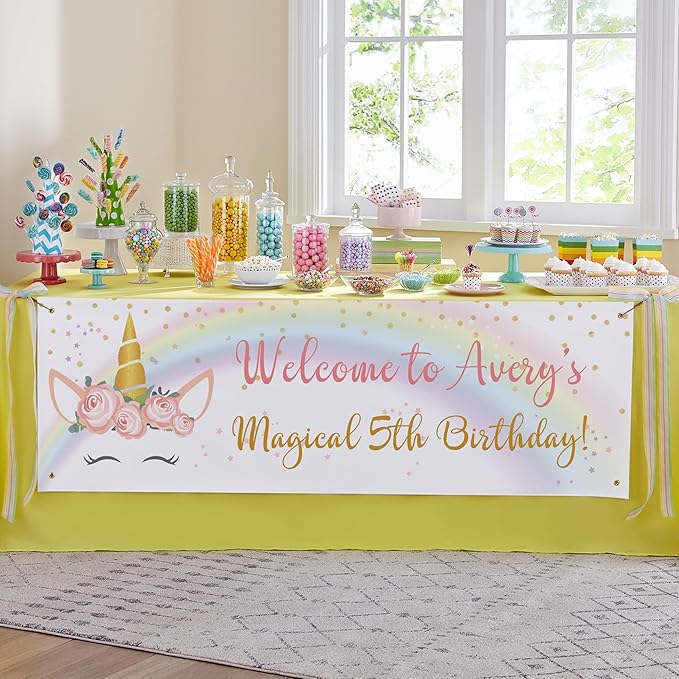 Let's Make Memories Personalized Unicorn Birthday Banner - Happy Birthday Banner for Kids - Custom Party Decorations - Indoor/Outdoor Vinyl - Any Name - Unicorn Party Decor - 8ft