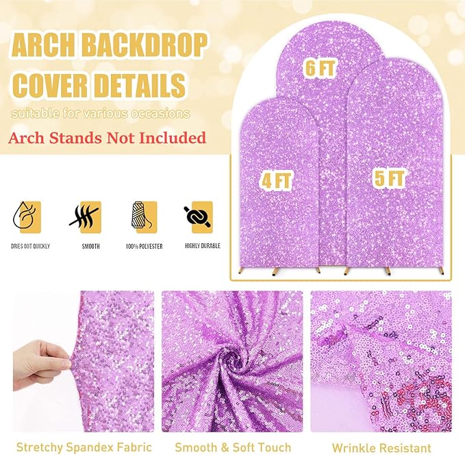 FUHSY Wedding Arch Stand Cover Lavender Set of 3 Arch Cover 4ft 5ft 6ft Spandex Sequin Arches Backdrop Covers Lilac Chiara Backdrop Stand Cover Shimmer Party Arch for Birthday Decor