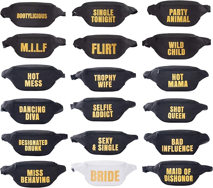 Pop Fizz Designs Funny Bachelorette Fanny Packs 18 Pack | Funny Phrases Bachelorette Fanny Packs