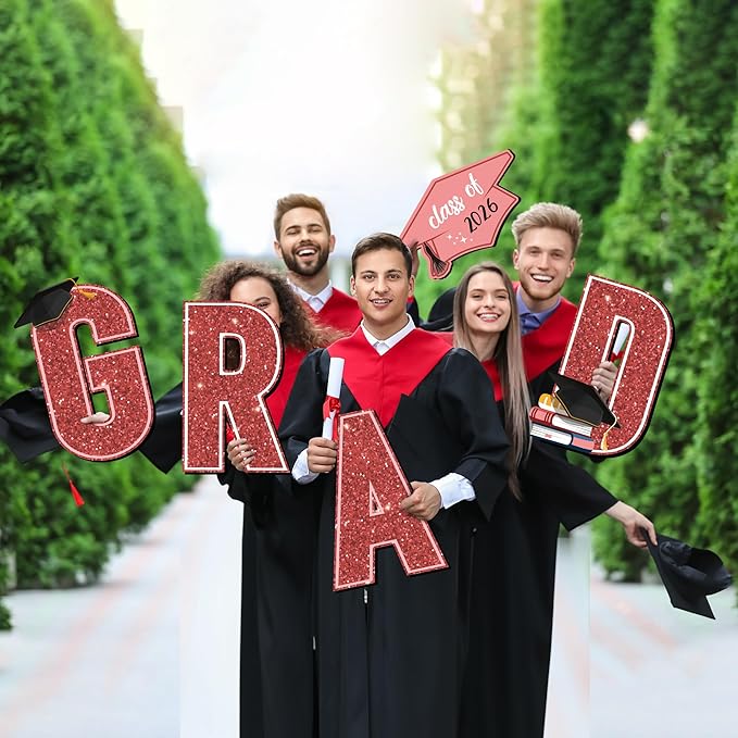 Aneco Waterproof 2026 Grad Yard Signs Plastic Graduation Yard Signs Party Outdoor Lawn Decorations 16 Inches Glitter Congrats Grad Lawn Sign with Stakes for Outdoor Party Garden Decor (Rose Gold)