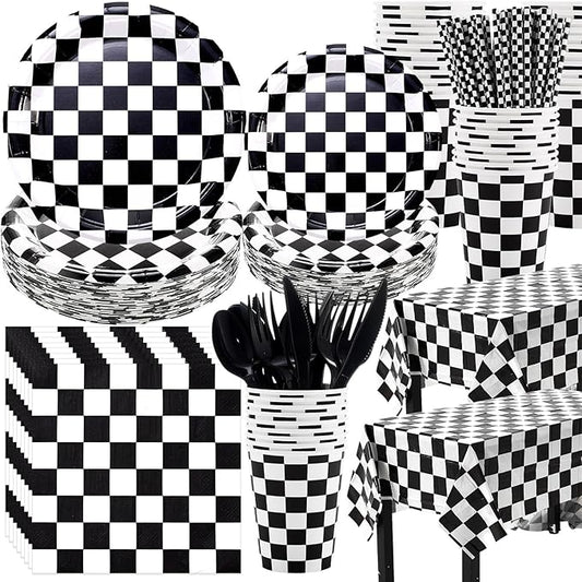 452 Pcs Checkered Flag Party Supplies for 50 Guests, Black and White Checkered Paper Plates Napkins Cups Tablecloth Cutlery Straws for Race Car Birthday Party Decorations