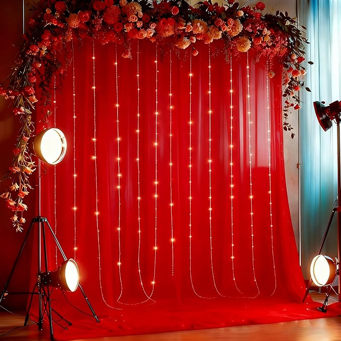 10x10ft Red Tulle Backdrop Curtain with Lights String for Parites, Sheer Photo Backdrop Curtains with Lights for Valentines Wedding Backdrop Ceremony Reception Bridal Baby Shower Birthday Party