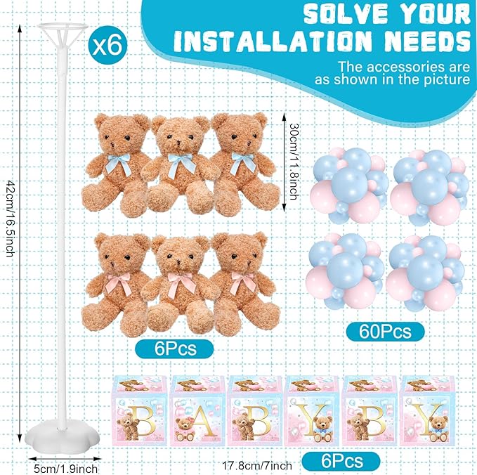 Lenwen 6 Sets Baby Letter Boxes Decorations Table Centerpieces for Baby Shower Gender Reveal,Bear Stuffed Animals Balloon with Stand Plush Toy Boxes for Birthday Party Wedding(Bear,Pink Blue)
