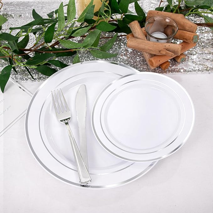 I00000 600pcs Silver Dinnerware Set for 100 Guests, Silver Plastic Plates Plastic Silverware Set of 100 Dinner Plates, 100 Salad Plates, 200 Forks, 100 Spoons,100 Knives for Party & Wedding