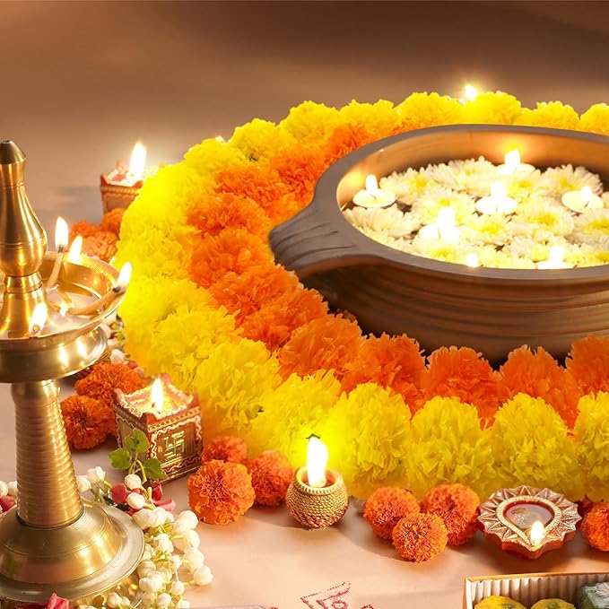 Giegxin 15 Pack Marigold Garland for Decoration 5 ft Long Strands Faux Artificial Marigold Flowers for Dia De Los Muertos Diwali Indian Wedding Party Decorations(Yellow,Orange)