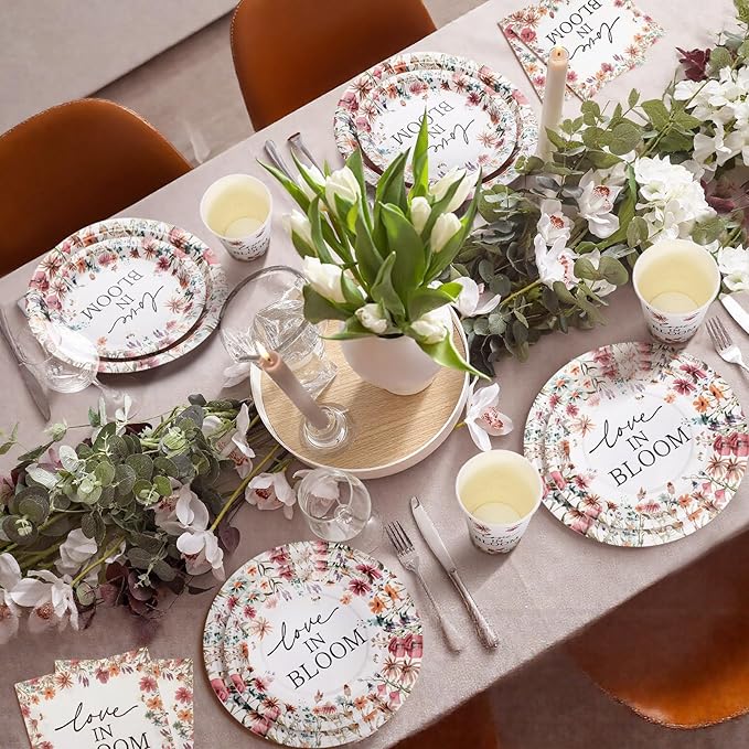 Zhehao 250 Pcs Bridal Shower Plates Napkins Sets 50 Pcs 9'' Dinner Plates 50 7'' Dessert Plate and 9oz Cups 100 Napkins Party Supplies Bridal Shower Decoration (Multicolor,Love in Bloom)