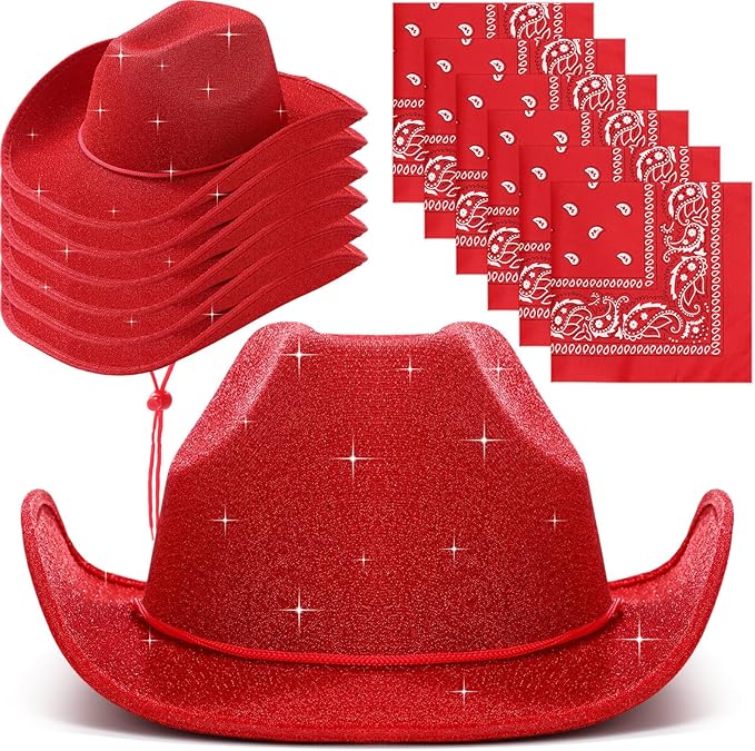 Coume 12 Pcs Sparkly Adults Cowboy Hat and Bandanas Women Men Western Glitter Cowgirl Party Hats with Adjustable Drawstring