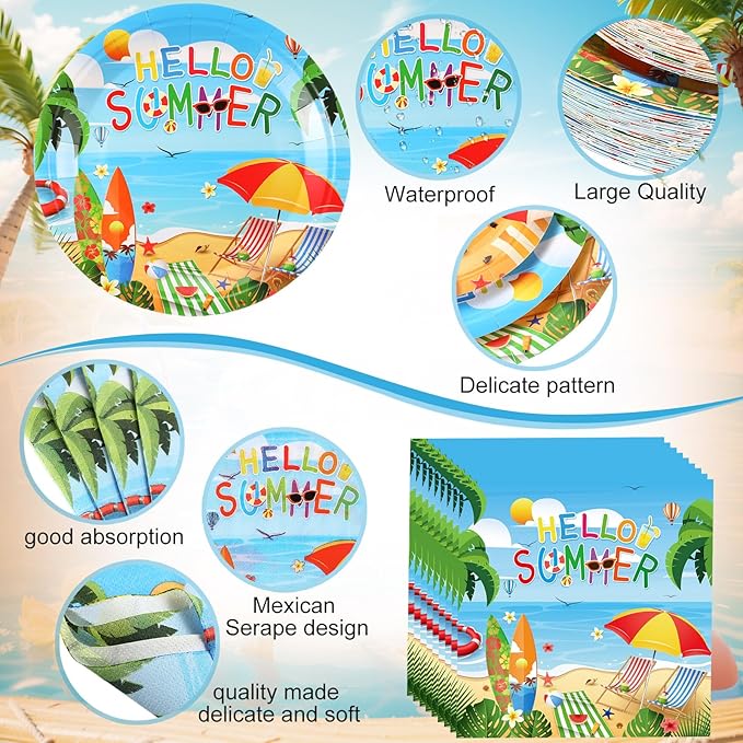 452 Pcs Hello Summer Party Decorations Beach Party Supplies for 50, Summer Beach Paper Plates Napkins Cups Tablecloth Cutlery Straws for Hawaiian Tropical Pool Birthday Decorations