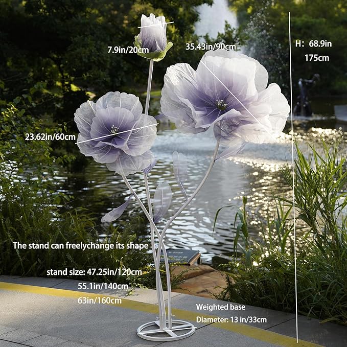 Giant Artificial Flower Decor,Oversized Gradient Organza Flower with Bendable Stem,DIY Shape Fake Flower Sculpture with Heavy Base for Wedding,Event,Party & Photo Backdrop,Store Display(purple)