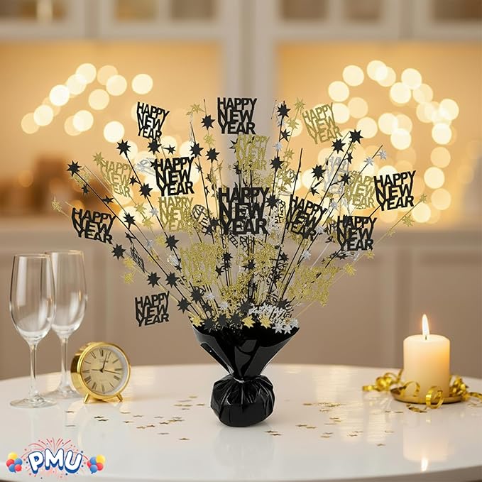 PMU 6Pc New Year's Eve Bursting Centerpiece for Table Decor, Table Balloon Weights| for Theme Party Decorations Supplies Black |15in