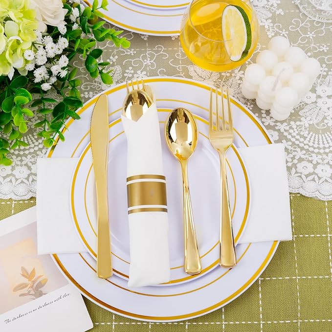 Nervure 400PCS Pre Rolled Gold Plastic Silverware Sets - Heavy Duty Gold Cutlery - Include 100 Pack Wrapped Disposable Utensils with Napkins for Parties, Dinners & Weddings