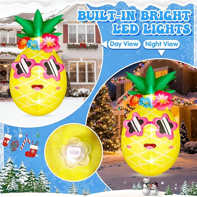 5FT Winter Inflatable Pineapple Winter Decor Blow up Pineapple Built in 4 LED Lights Outdoor Decorations Giant Inflatable for Birthday Pool Beach Yard Lawn Frozen Party Supplies