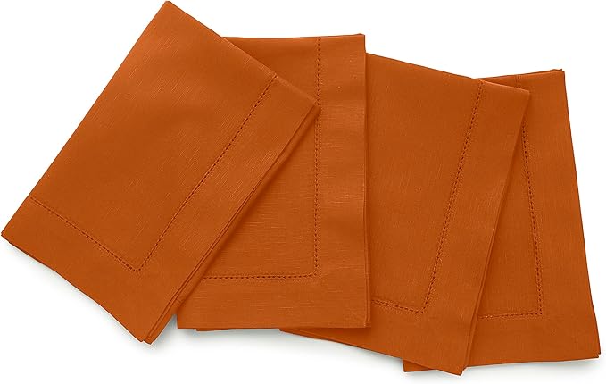 Solino Home Cinnamon Cotton Linen Napkins Set of 4 - Hemstitch Dinner Napkins 20 x 20 Inch - Handcrafted and Machine Washable