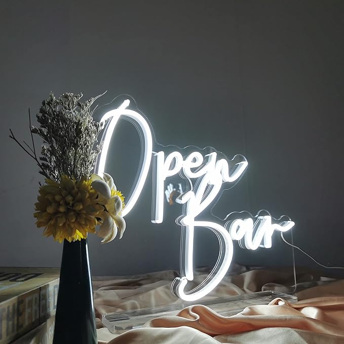 Open Bar Neon Sign Tabletop, Handmade White Wedding LED Neon Light with Stand for Wedding Reception, Engagement Anniversary Event Party Baby Bridal Shower Champagne Home Bar Table Sign - 15''