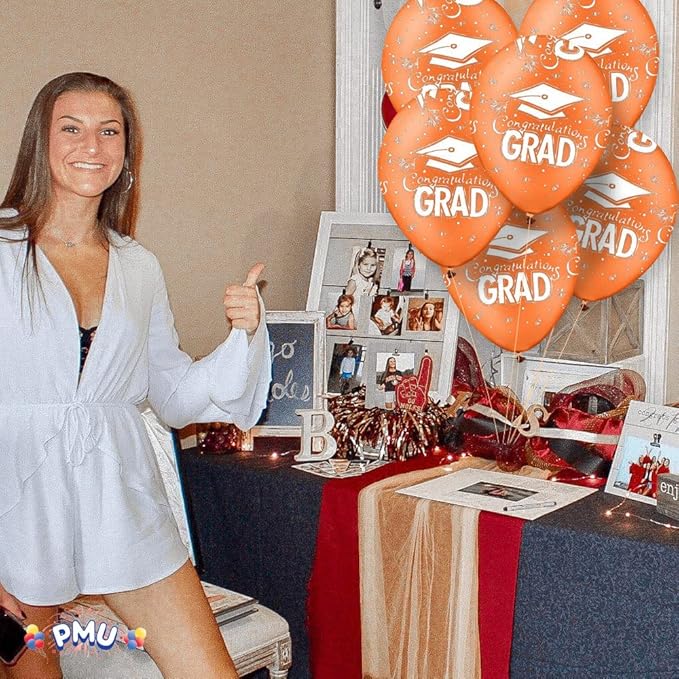 PMU 100 Pcs Orange Graduation Balloons Class of 2025 with All-Over Print White Grad Caps-Confetti and Streamers | Graduation Party Supplies | Congratulations Grad Latex Balloons Latex
