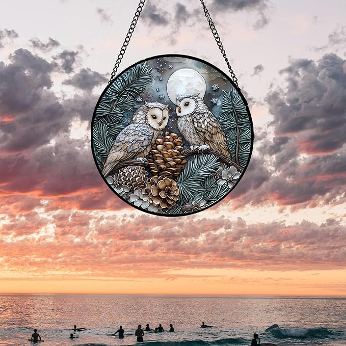 Stained Glass Window Hanging - Owl On A Tree Suncatcher for Doors Garden Patio Winter Scene Sun Catchers Decor Christmas Mother's Day Birthday Gifts for Women Men Mom Nana Friend 11.8 in