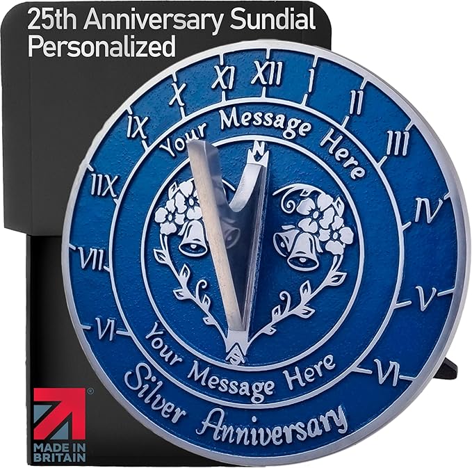 The Metal Foundry Personalized Silver 25th Large Sundial - Recycled Solid Metal UK Manufactured Home Decor Or Garden Present Idea for Parents, Friends Or Couple On 25 Years Marriage