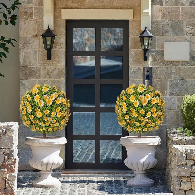 25" Artificial Topiary Ball Fall Tree with Yellow Daisy，Fake Mums Plants with Ground Spike，Set of 2 UV Resistant Faux Bushes, Fake Shrubs for Garden, Patio, Porch, Yard, Indoor