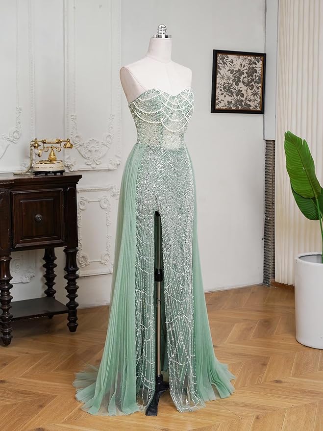 BABYONLINE D.R.E.S.S. Women's Handmade Sequin Evening Gown, Strapless Formal Dress with Side Split, Mesh Overlay 3200