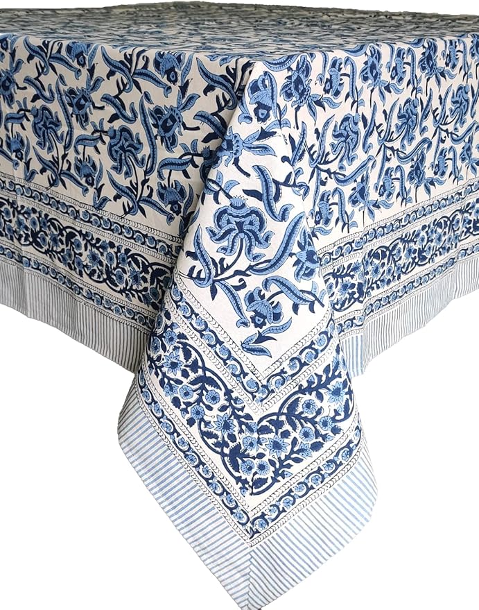 ATOSII Midnight Bloom 100% Cotton Spring Summer Tablecloth, Hand Block Print Rectangle Table Cover for Kitchen Dining Linen I Parties, Outdoors, Wedding, Easter I 72 X 108 Inches I 8 Seater