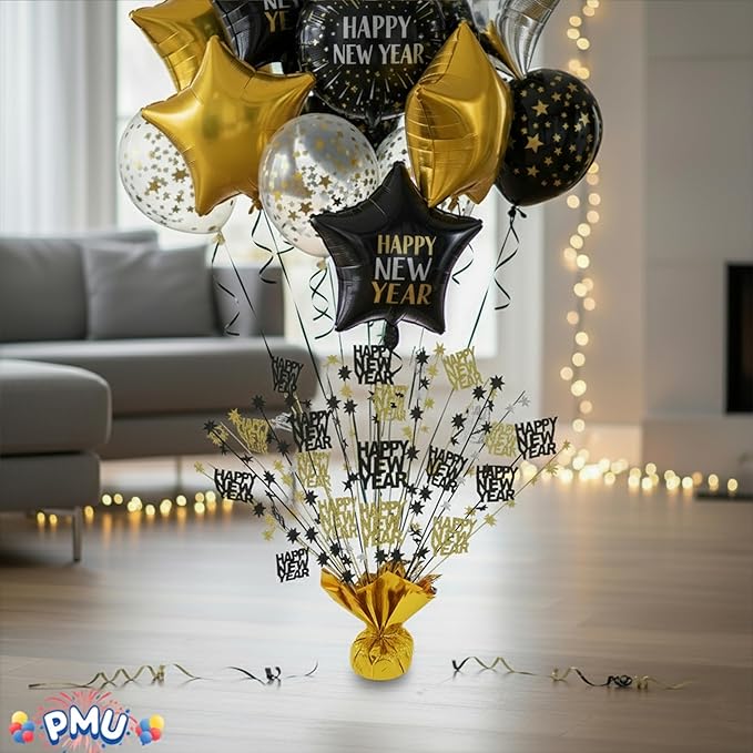 PMU 6Pc New Year's Eve Bursting Centerpiece for Table Decor, Table Balloon Weights| for Theme Party Decorations Supplies Gold |15in