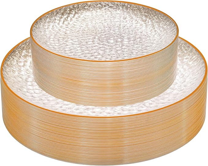 Rubtlamp 60PCS Plastic Orange Plates, Clear Disposable Plates With Orange Rim, Heavy Duty Hammered Plate, Thanksgiving Party Platos Include 30Orange Dinner Platos,30Clear Dessert Plate