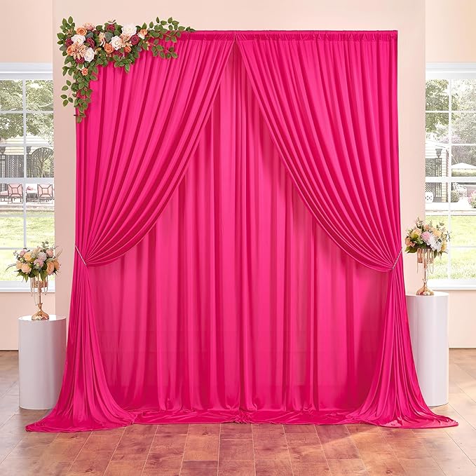 30ft x 10ft Fuchsia Wrinkle Free Backdrop Curtains for Parties,6 Panels 5×10ft Thick Silky Polyester Hot Pink Photo Backdrop Drapes Curtain for Barbie Party Wedding Birthday Baby Shower Photography