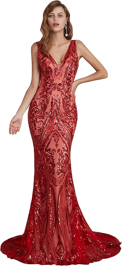 Women's Double V-Neck Sequins Lace-up Mermaid Evening Dress