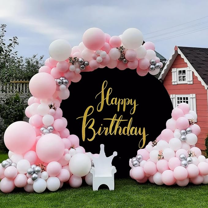 6.5ftx6.5ft Gold Happy Birthday Sign Round Backdrop Cover,Black Round Backdrop Cover Happy Birthday Party Decoration Black Circle Background Stand Cover with 4Clips Baby Shower