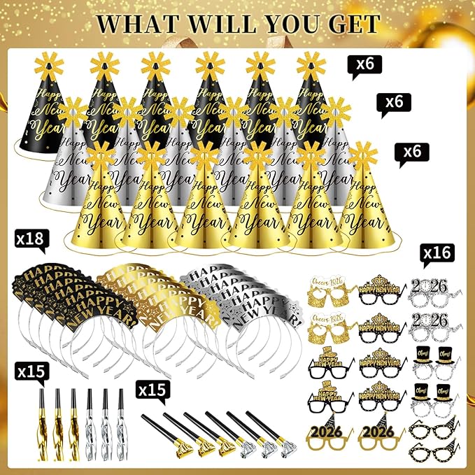MOVINPE 2026 New Years Eve Party Supplies Bulk Set Serve 36, Cone Hats, Tiaras, Photo Booth Glasses Props, Squawkers, Blowouts, New Year's Party Favors Event Supplies for Kids Adults