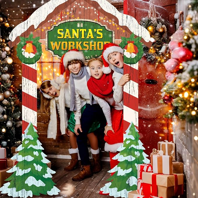 Teling 43.3 x 37.4 Inch Christmas Santa's Workshop Backdrop Decoration Large Christmas Photo Booth Props Photography Background Xmas Family Holiday Party Decoration