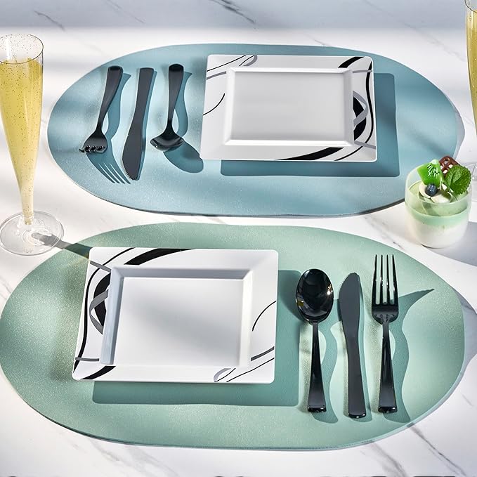 Oasis Creations White Square Plates with Geometric Black and Silver Lines 10" - 50 count - Premium Hard White Plastic -Disposable and Reusable-Salad Appetizer Dinner -Party Plate Set