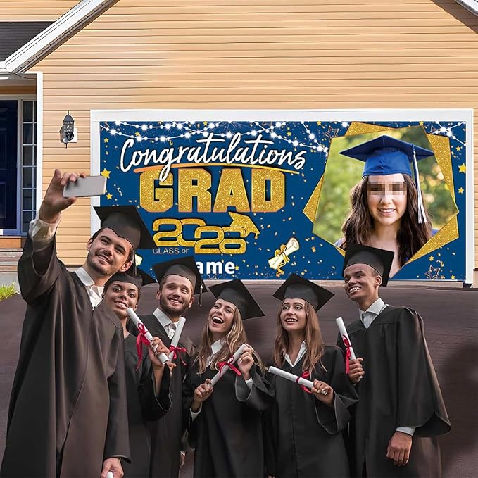 Custom Garaduation Garage Door Banner Cover 16 x 7 ft Class of 2026 Congrats Grad Party Backdrop Personalized Graduation Decoration(Blue and Gold)