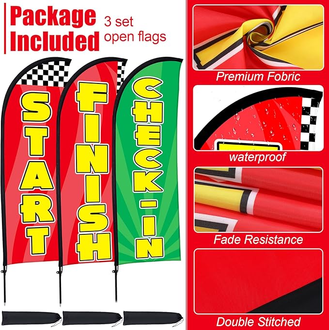 Buryeah 3 Sets Start Finish and Check-in Feather Flag 8 ft Start Advertising Banner Swooper Flag with Pole Kit and Ground Stake for Marathons and Special Events Outside, Red and Green