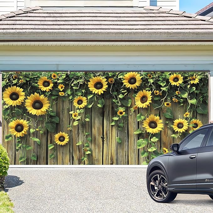 ANNA QUEEN Sunflower Fence Garage Door Banner 6 x 13FT, Vibrant Floral Sunflowers with Wooden Fence, Outdoor Garden Decoration for Spring and Summer Parties Home Decor